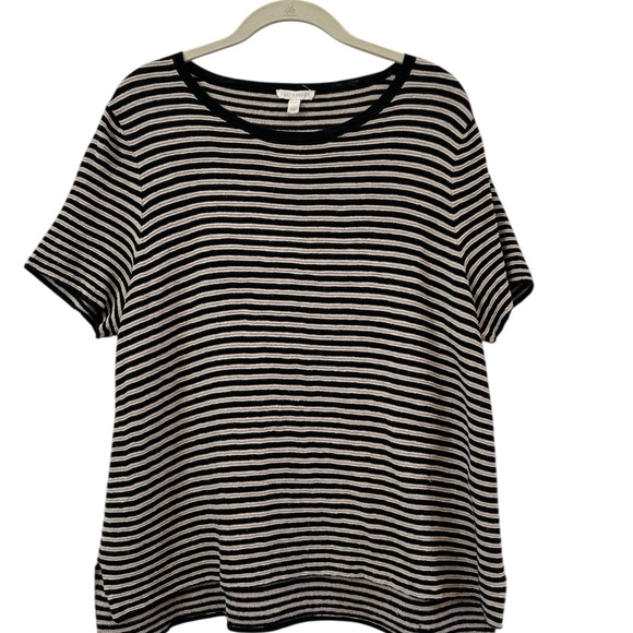 Eileen Fisher Tops - Eileen Fisher Black & Oatmeal Stripe Linen Blend Short Sleeve Top L